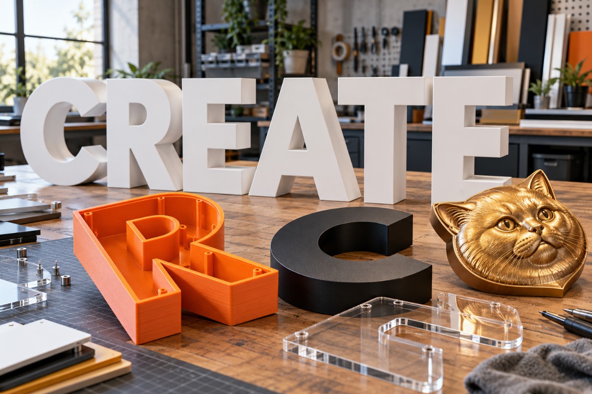 Dimensional letters, a hollow orange letter body and a sculptural golden cat emblem on a sign workshop bench.