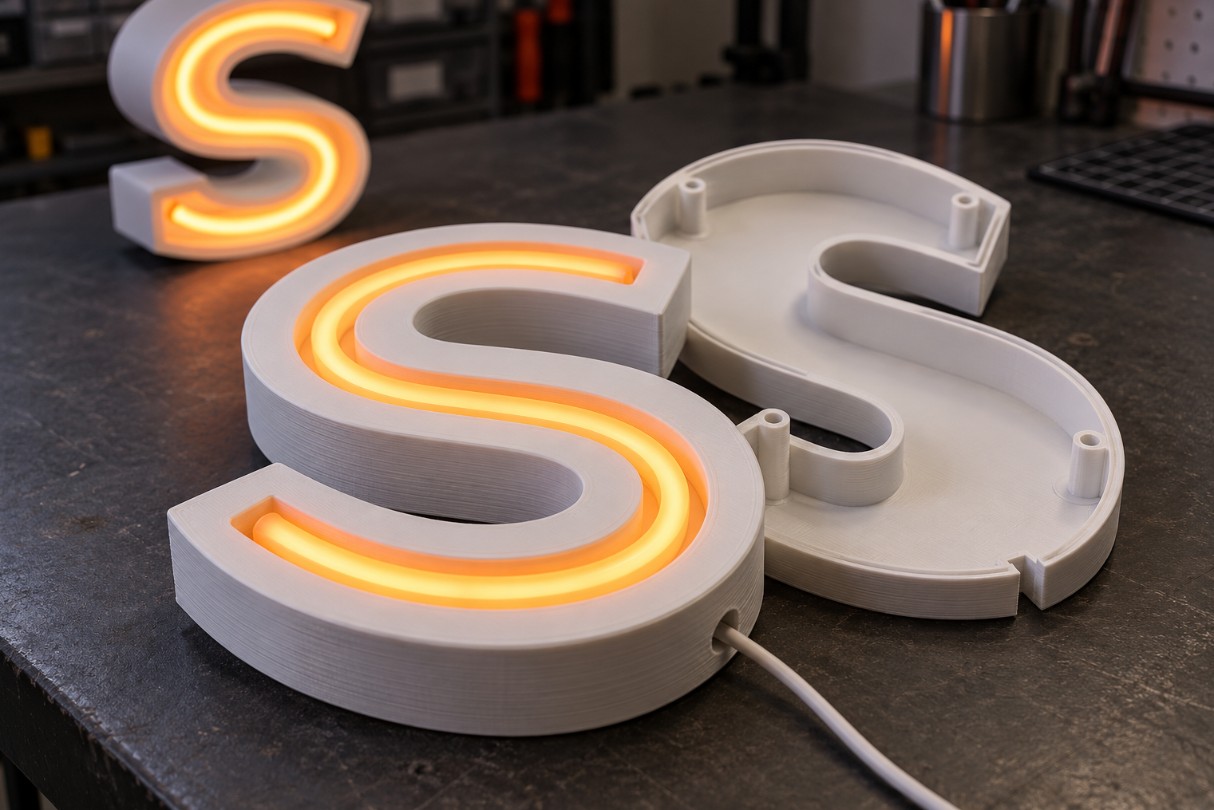 White S-shaped letter body with orange LED neon flex and a matching detached rear cover.