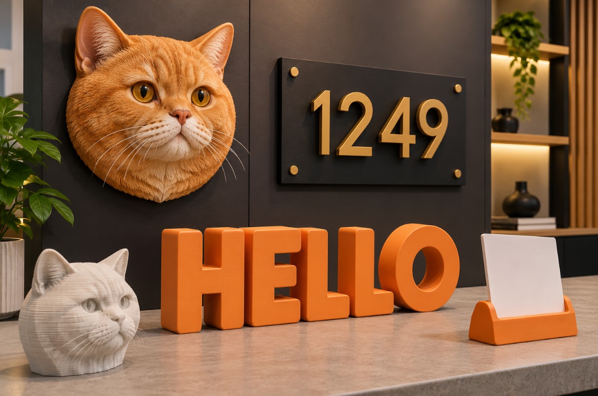 A cat head emblem, orange HELLO letters, black and gold address sign and countertop display.